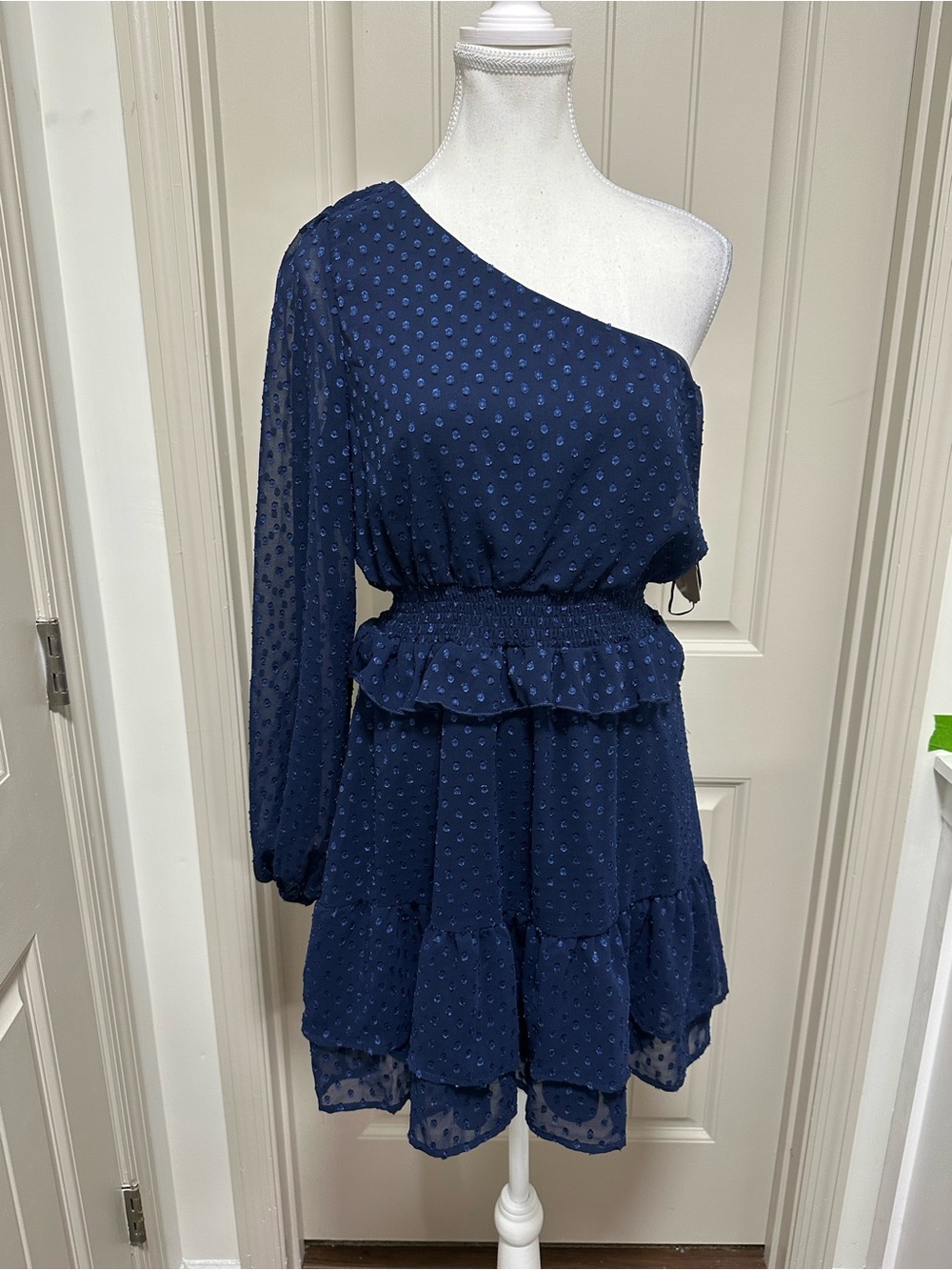 Altar'd State Navy One-Shoulder Ruffle Dress